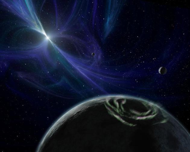 如图所示，已知有3颗行星围绕着脉冲星PSR B1257+12运行。研究人员在一项最新研究中表示，最新发现6颗环绕脉冲的行星可能是由神秘的“奇异物质”构成的。