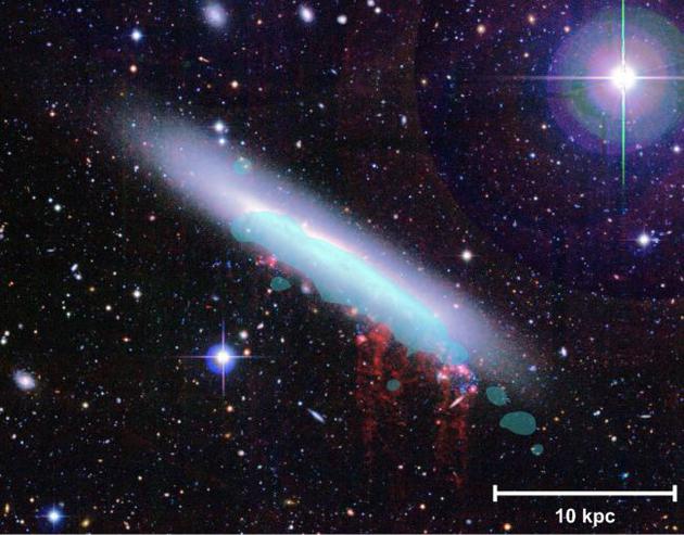 图中是位到处女座星系团的螺旋星系NGC 4330，冲压剥离炽热气体区域呈现为红色部分，蓝色透明区域显示恒星正在形成气体