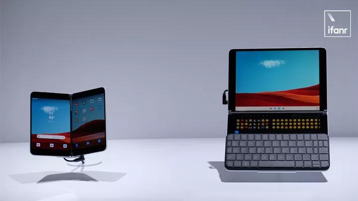 ▲ 左边是 Surface Duo 手机，右边是 Surface Neo 笔电，两者都采用了双屏设计