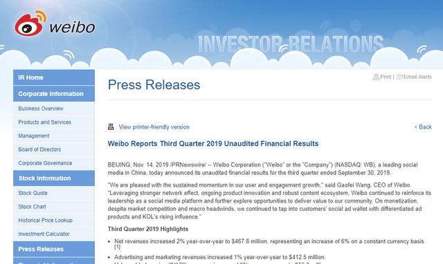 微博Q3财报：营收4.678亿美元，净利润1.462亿美元