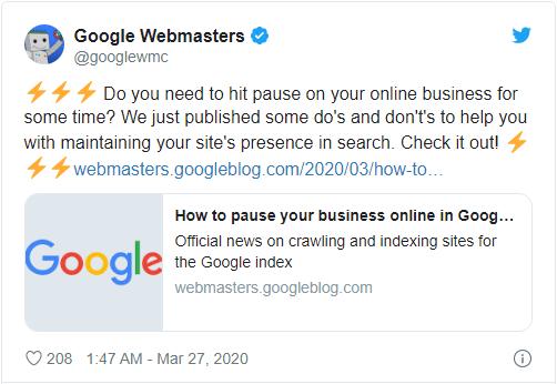谷歌提醒网站管理员：疫情期间切勿关站 否则影响后续排名