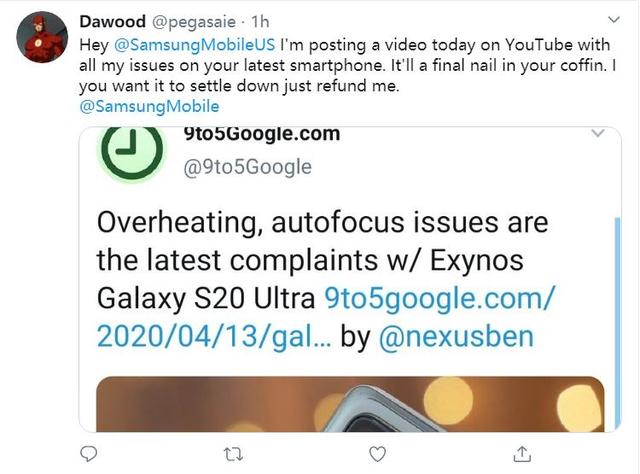 三星S20Ultra再遇滑铁卢：用户抱怨发热严重 镜头对焦像是帕金森