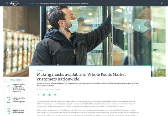 亚马逊旗下全食超市宣布将免费为顾客提供一次性口罩