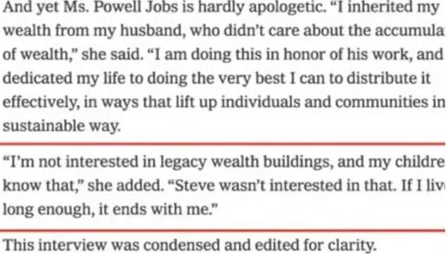 乔布斯遗孀不把财产留给儿女，将会捐出250亿，不想大量积累财富