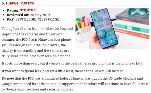 外媒眼中国产十佳：华为P30Pro第五，华为Mate20Pro垫底