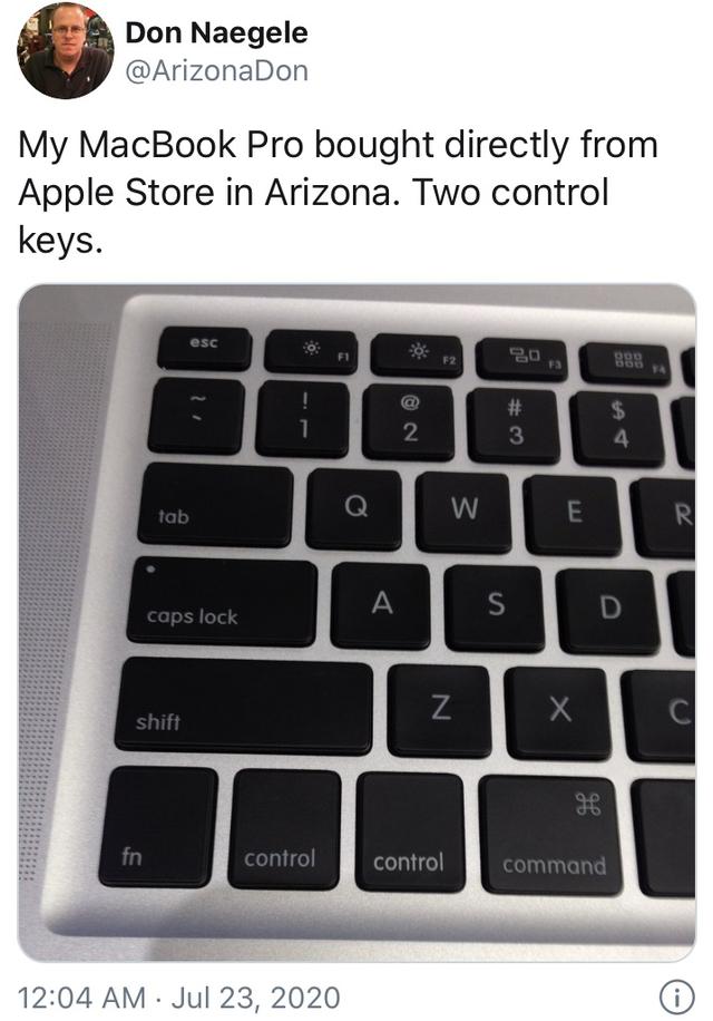 国外网友买到"错版"MacBook Pro，两个Control 键瞩目