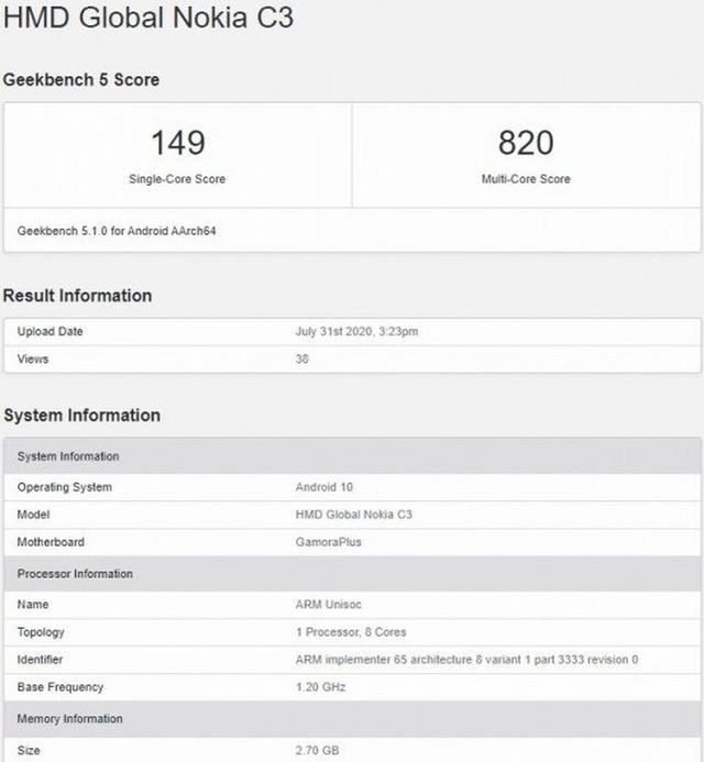 诺基亚C3现身跑分平台 或仍为入门级设备