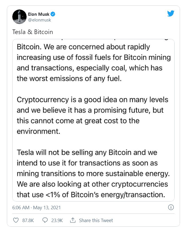 埃隆?马斯克:出于对环境的考虑,特斯拉暂停接受使用比特币支付