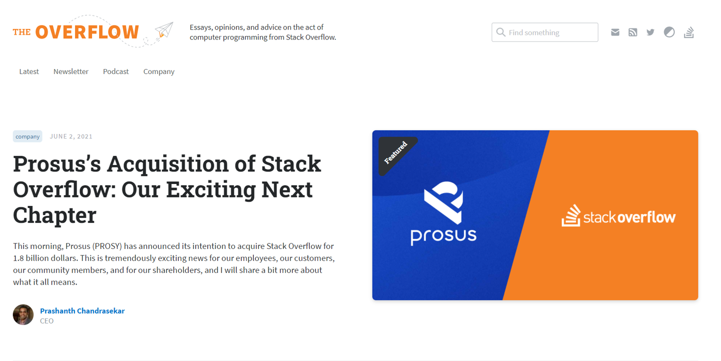 程序员问答平台 Stack OverFlow 被 Prosus 以 18 亿美元收购