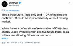 马斯克：只出售了 10% 的比特币