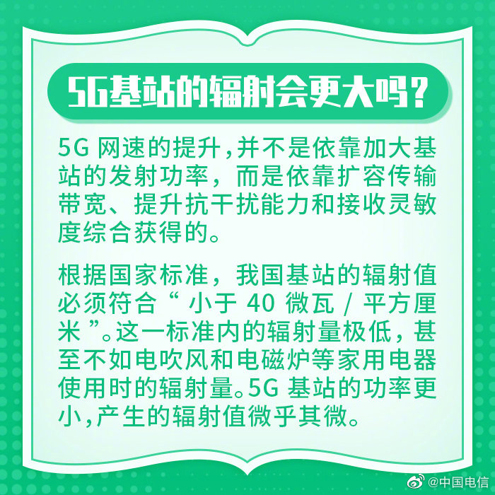 中国电信科普:5G 基站辐射不会更大,甚至不如电吹风和电磁炉