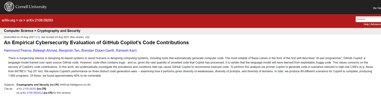 研究人员:由微软 GitHub Copilot 自动生成的代码中,有 40% 存在漏洞