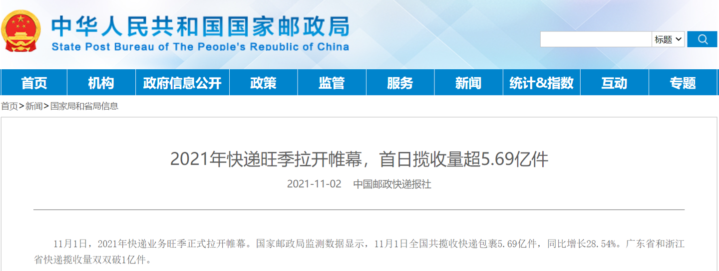 国家邮政局:2021 年快递旺季拉开帷幕,首日揽收量超 5.69 亿件
